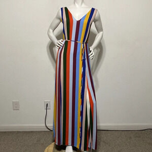 Belle Vere Colorful Rainbow Striped V-Neck Tie Belt Maxi Dress Size Large